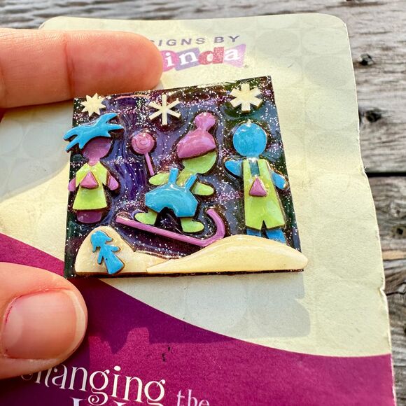 Pins By Lucinda Children Sledding Winter Brooch Pin Kids Playing in Snow Pin - Picture 3 of 5